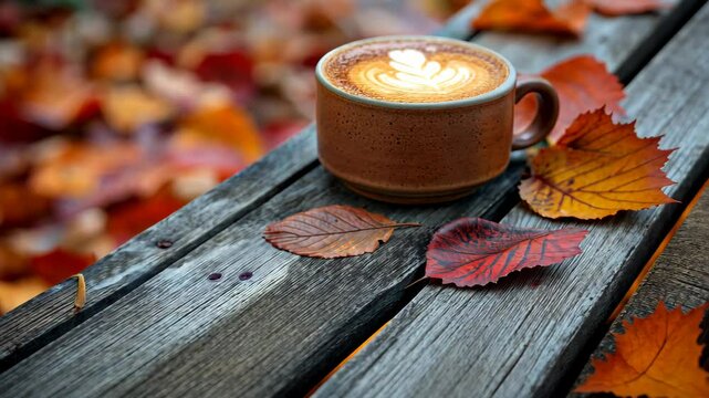 Cappuccino with heart-shaped latte art on wooden table amidst autumn leaves. Seasonal cafe aesthetic and fall atmosphere concept, perfect for menu design and Modern marketing.