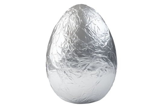 A large chocolate Easter egg wrapped in crinkled silver foil, isolated on white transparent background. The foil texture reflects light, creating a festive look