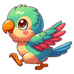 Naklejka premium Charming cartoon illustration of a cute blue parrot with big, adorable eyes and a cheerful expression, taking a step. Represents adorable animals, tropical birds, and children's themes.