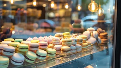 Assorted colorful Macarons in a pastry shop display with warm lighting. Ideal for articles and promotions related to bakery, desserts, and French Modern cuisine.