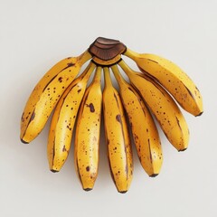 A fresh and vibrant bunch of ripe bananas with a smooth yellow peel, slightly speckled, isolated white background