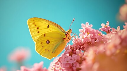 yellow butterfly resting on blooming pink flowers under a clear blue sky showcasing vibrant nature colors peaceful harmony and the beauty of wildlife in a garden setting