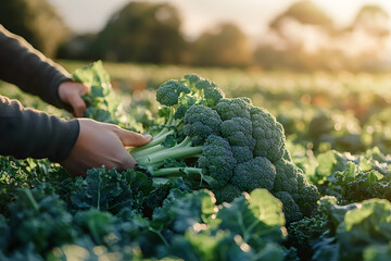 Harvesting fresh broccoli in a lush field during early morning sunlight