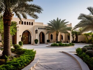 Naklejka premium Whitewashed Villa with Palm Trees in a Lush Garden