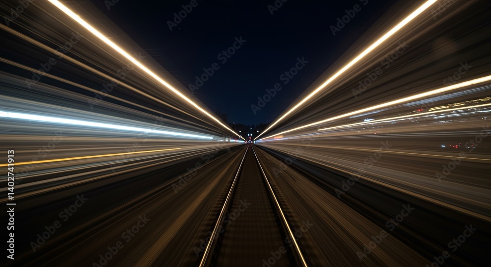 Poster a blurry image of a train track with a dark sky in the background