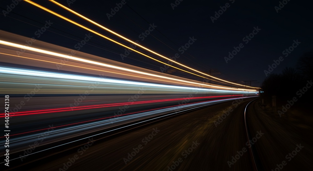 Poster a blurry image of a train track with a train in the middle