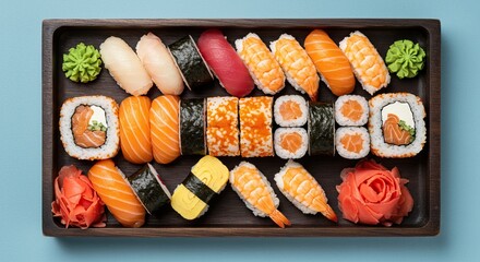 Assorted sushi platter with nigiri maki and sashimi for japanese cuisine delight