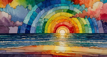 Colorful mosaic style sunset over the ocean with clouds and rainbow hues in the sky above the horizon