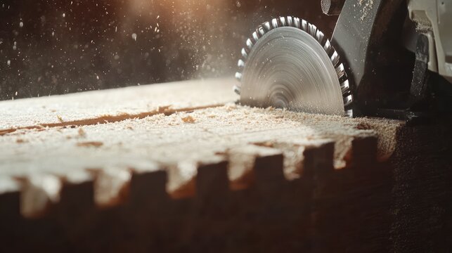 A close-up of a circular electric saw with a dust blower feature, cutting through a wooden beam, with a detailed view of its high-precision blade teeth - Powered by Adobe