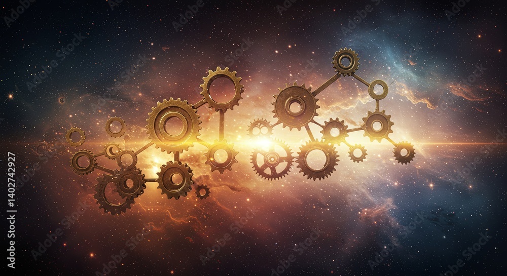 Poster A collection of gears in space with a yellow background