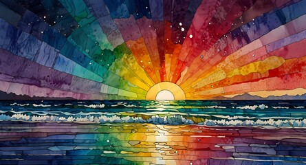 A watercolor painting of a sunset over the ocean with a colorful sky and gentle waves below it