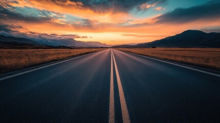 Naklejka premium Evening light, a flat, large asphalt road stunning sky at twilight. High quality photo.