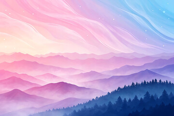 Pastel Mountainscape with a Dreamy, Colorful Sky