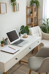 Inspiring home office with modern setup featuring a tablet and laptop on a stylish desk