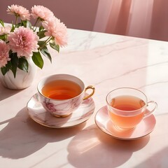 Two Cups of Tea with Pink Flowers on Marble Table
