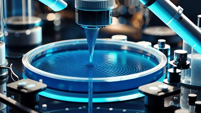 Close-up view of a scientific experiment with a microscope analyzing a petri dish in a lab