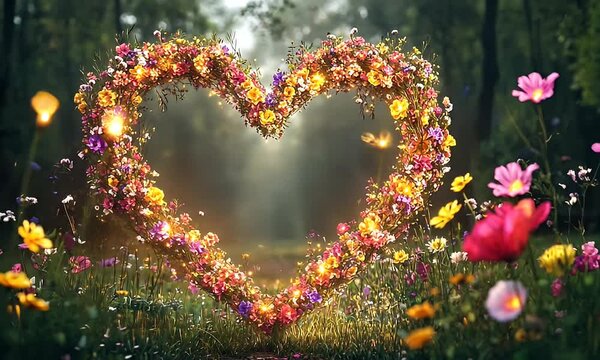 Heart-shaped floral archway in a lush forest garden