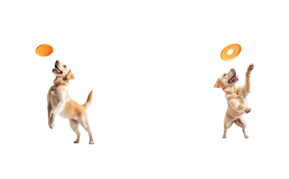Dogs leaping to catch orange frisbees mid air with joy 