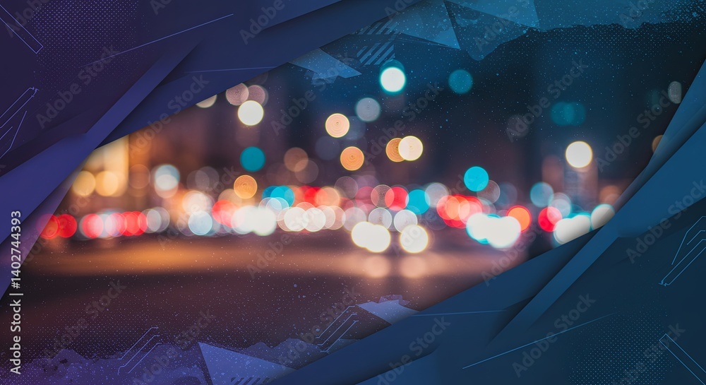 Poster a blue and white image with a cityscape and a blurred background