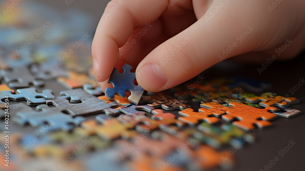 Poster Close up of a child's hand carefully placing a puzzle piece into a colorful jigsaw puzzle, demonstrating concentration and problem solving abilities