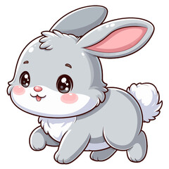 Naklejka premium Charming cartoon illustration of a cute gray bunny with big, adorable blue eyes, long ears, and a fluffy tail, taking a hop. Represents adorable animals, pets, and children's themes.