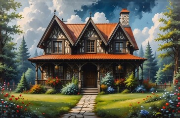 Obraz premium A charming stone and timber house with a red roof sits nestled amongst lush greenery, bathed in soft light. A stone path leads to its inviting porch.
