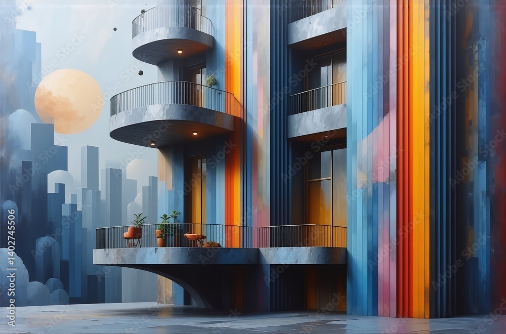 Aufkleber a futuristic apartment building with a unique curved balcony, set against a vibrant mural depicting 