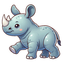 Obraz premium Charming cartoon illustration of a cute baby rhinoceros with big, adorable eyes, characteristic horns, and a gentle expression, taking a step. Represents adorable animals, African wildlife, and childr