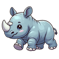 Fototapeta premium Charming cartoon illustration of a cute baby rhinoceros with big, adorable eyes, characteristic horns, and a gentle expression, taking a step. Represents adorable animals, African wildlife, and childr