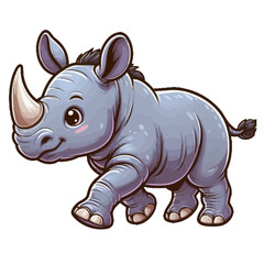 Fototapeta premium Charming cartoon illustration of a cute baby rhinoceros with big, adorable eyes, characteristic horns, and a gentle expression, taking a step. Represents adorable animals, African wildlife, and childr
