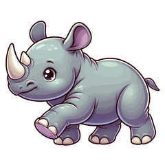 Fototapeta premium Charming cartoon illustration of a cute baby rhinoceros with big, adorable eyes, characteristic horns, and a gentle expression, taking a step. Represents adorable animals, African wildlife, and childr