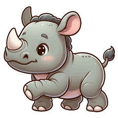 Fototapeta premium Charming cartoon illustration of a cute baby rhinoceros with big, adorable eyes, characteristic horns, and a gentle expression, taking a step. Represents adorable animals, African wildlife, and childr