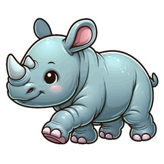 Fototapeta premium Charming cartoon illustration of a cute baby rhinoceros with big, adorable eyes, characteristic horns, and a gentle expression, taking a step. Represents adorable animals, African wildlife, and childr