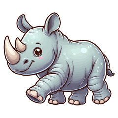 Fototapeta premium Charming cartoon illustration of a cute baby rhinoceros with big, adorable eyes, characteristic horns, and a gentle expression, taking a step. Represents adorable animals, African wildlife, and childr