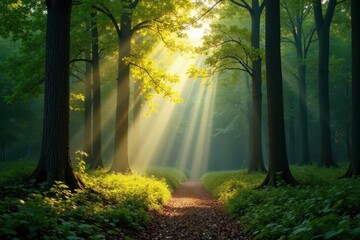 Fototapeta premium Panorama of forest with sunbeams filtering through trees, sunlight, landscape