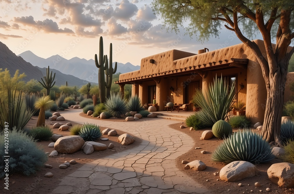 Poster desert landscape showcasing a southwestern adobe-style house with a paved pathway winding through xe