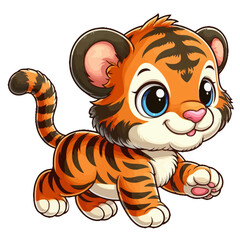 Charming cartoon illustration of a cute tiger cub with big, adorable eyes, characteristic orange and black stripes, and a playful expression, taking a step. Represents adorable animals, wildlife, and 