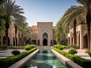 Obraz premium Luxury Courtyard with Palm Trees and a Pool