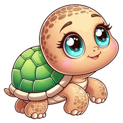Obraz premium Charming cartoon illustration of a cute green sea turtle with big, adorable eyes and a gentle smile, swimming or crawling. Represents adorable animals, marine wildlife, and children's themes.