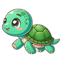 Fototapeta premium Charming cartoon illustration of a cute green sea turtle with big, adorable eyes and a gentle smile, swimming or crawling. Represents adorable animals, marine wildlife, and children's themes.
