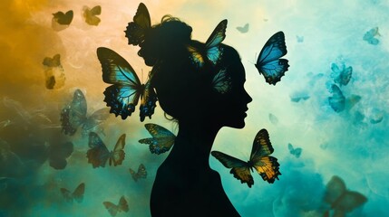 Woman silhouette with butterflies flying freedom and transformation concept dreamy background for beauty fashion and mental health projects symbolizing metamorphosis and inner peace
