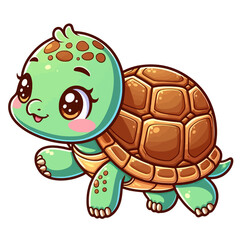 Obraz premium Charming cartoon illustration of a cute green sea turtle with big, adorable eyes and a gentle smile, swimming or crawling. Represents adorable animals, marine wildlife, and children's themes.