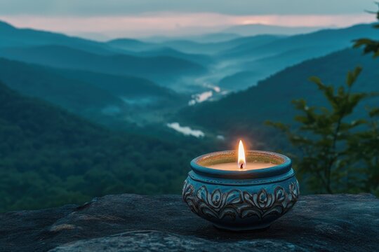 Photograph of a lit candle in an ornate blue clay cup, placed atop a mountain and overlooking the valley below at dusk. 