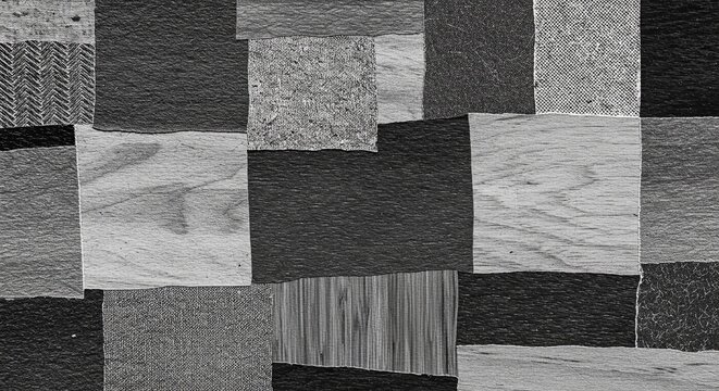 A black and white photo of a patchwork quilt with a variety of different texture