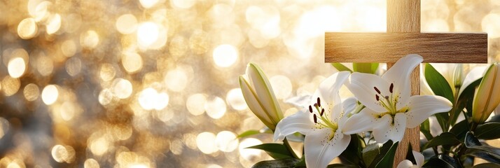 Wooden cross with white lilies and golden light clean background