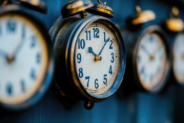 Close-up of multiple clocks showing different times on a blue background