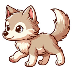 Obraz premium Charming cartoon illustration of a cute gray wolf cub with big, adorable eyes, fluffy fur, and a playful expression, taking a step. Represents adorable animals, woodland wildlife, and children's theme
