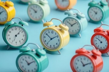 Close-up of multiple clocks showing different times on a blue background