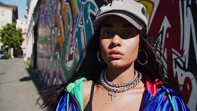 Fashionable woman, woman with long hair wearing baseball cap, silver necklace and colorful jacket stands against vibrant graffiti wall, exuding confidence and urban style. Concept woman urban chic.