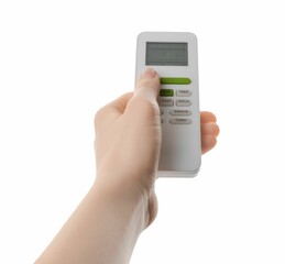 Woman with air conditioner remote control on white background, closeup